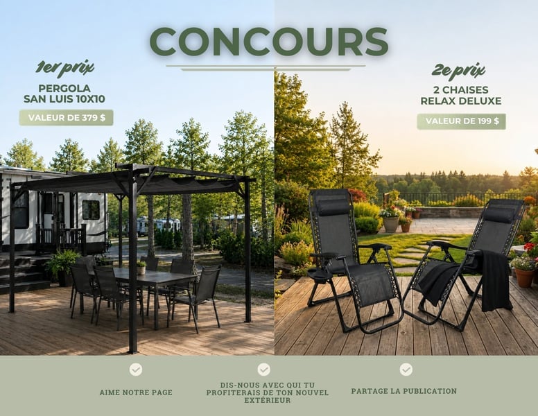 Participez au concours pour remporter une pergola San Luis 10' x 10' ou deux chaises Relax Deluxe!
