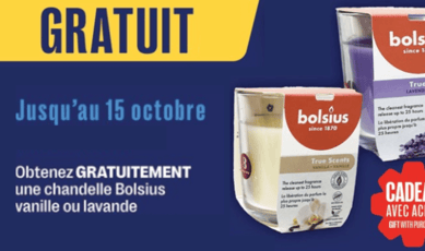 Dépêchez-vous! Obtenez gratuitement une élégante chandelle Bolsius à la vanille ou lavande.