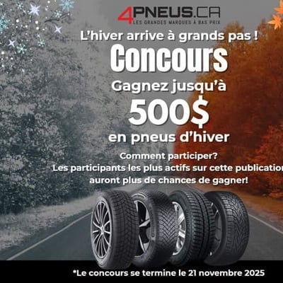 Concours 4Pneus.ca offre l'opportunité de gagner un jeu de 4 pneus d'hiver jusqu'à 500 $.
