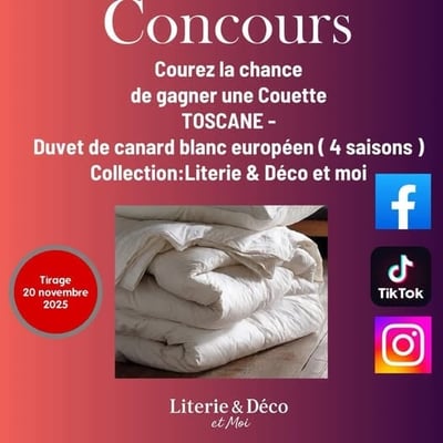 Participez au concours de Boutique Literie & Déco pour remporter une couette TOSCANE en duvet blanc.