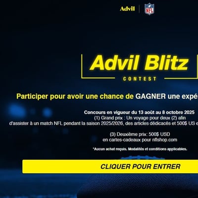 Participez au concours d'Advil Canada pour remporter un voyage VIP et des cartes-cadeaux NFLShop.