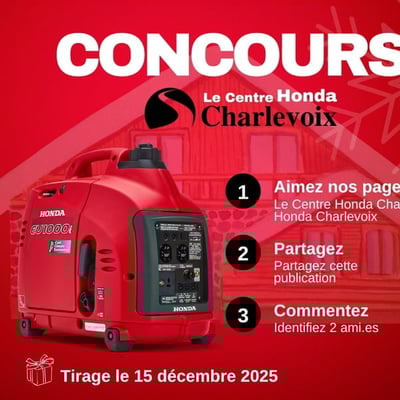 Participez et remportez une génératrice Honda lors de notre concours prestigieux.
