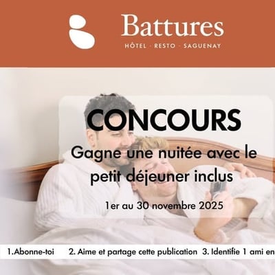 Concours: Remportez une nuit pour deux avec petit déjeuner inclus au Resto des Battures!