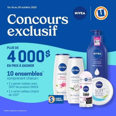 Concours Uniprix et Nivea : remportez l'un des 10 prestigieux ensembles d'une valeur de 4000 $.