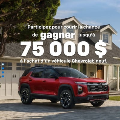 Participez et remportez jusqu'à 75 000 $ pour l'achat d'un véhicule neuf Chevrolet, Buick, GMC, ou Cadillac!