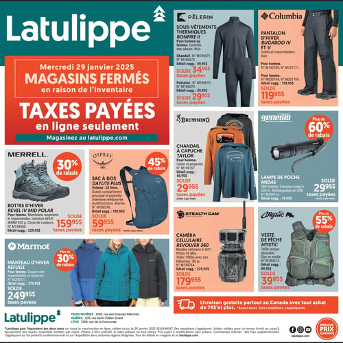  Latulippe - Solde en ligne le 29 janvier Seulement!